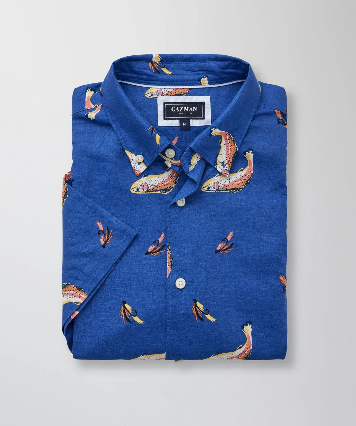 Linen Blend Fish Print Short Sleeve Shirt - Blue sold by GAZMAN product image thumbnail 2