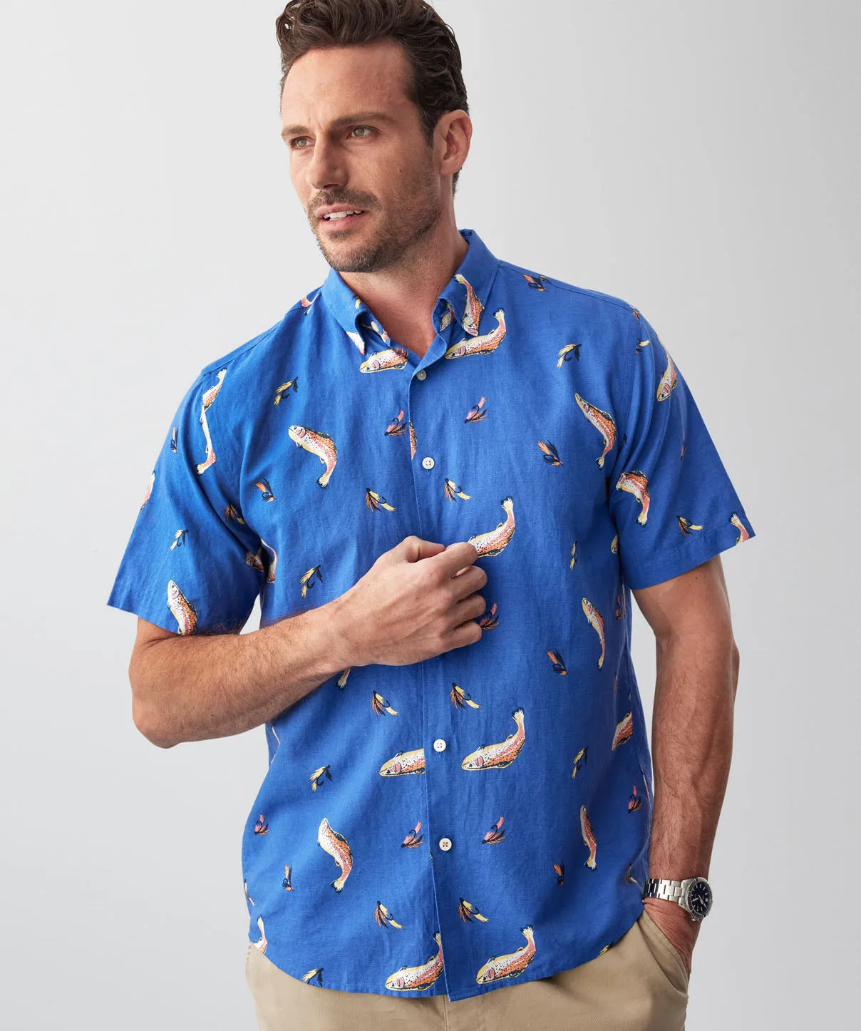 Linen Blend Fish Print Short Sleeve Shirt - Blue sold by GAZMAN product image thumbnail 4