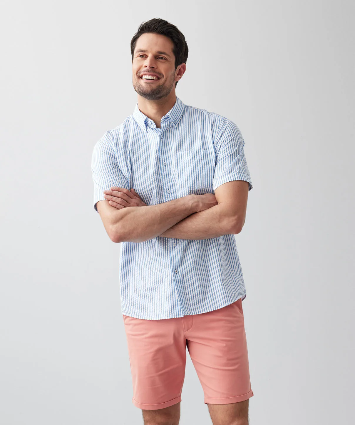 Casual Seersucker Stripe Short Sleeve Shirt - Blue sold by GAZMAN