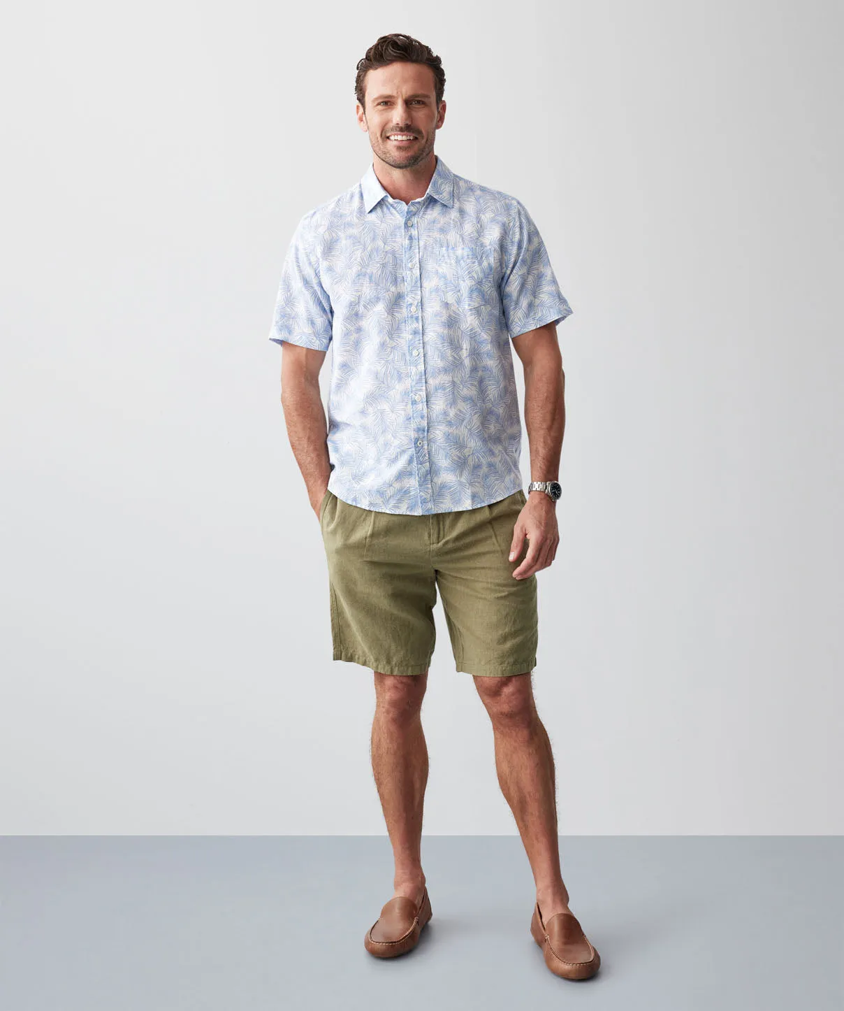 Linen Blend Leaf Print Short Sleeve Shirt - Sky Blue sold by GAZMAN product image thumbnail 5