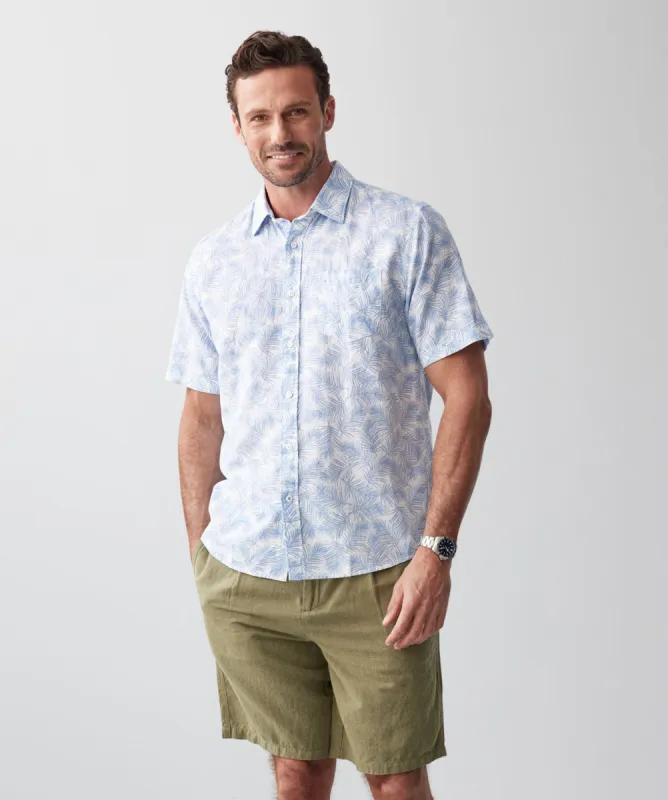 Linen Blend Leaf Print Short Sleeve Shirt - Sky Blue sold by GAZMAN