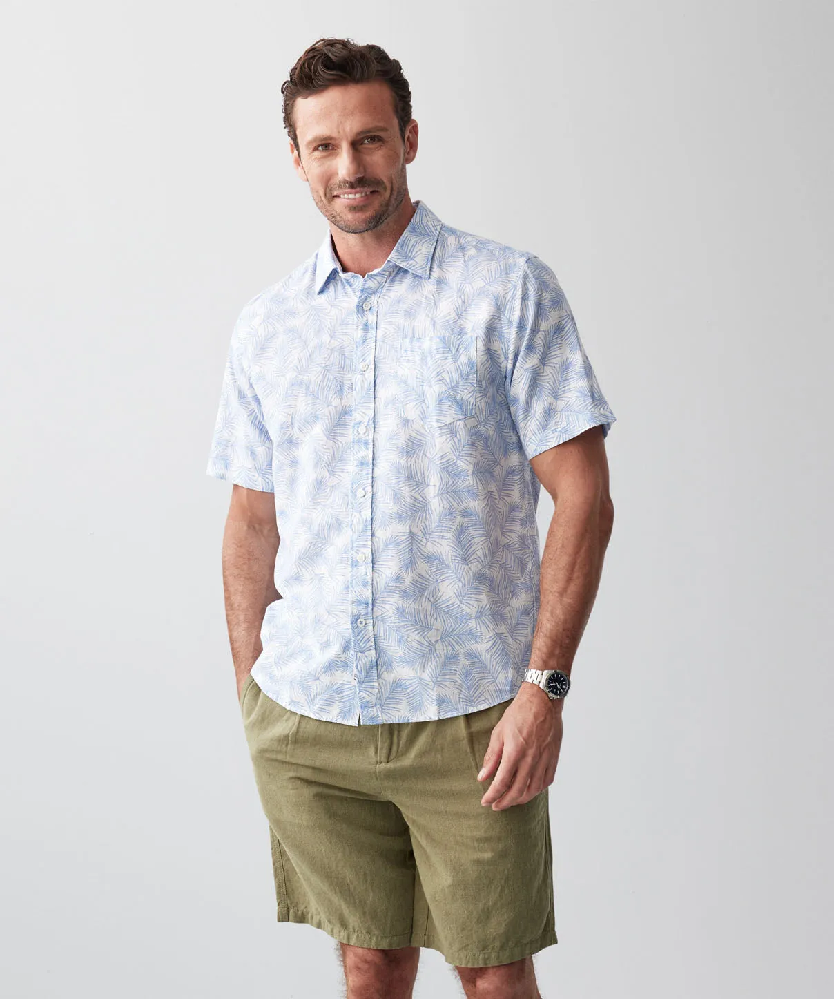 Linen Blend Leaf Print Short Sleeve Shirt - Sky Blue sold by GAZMAN