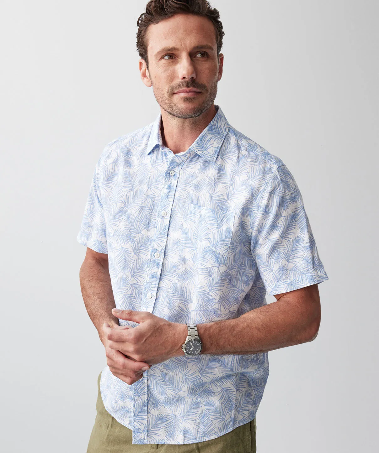 Linen Blend Leaf Print Short Sleeve Shirt - Sky Blue sold by GAZMAN product image thumbnail 4