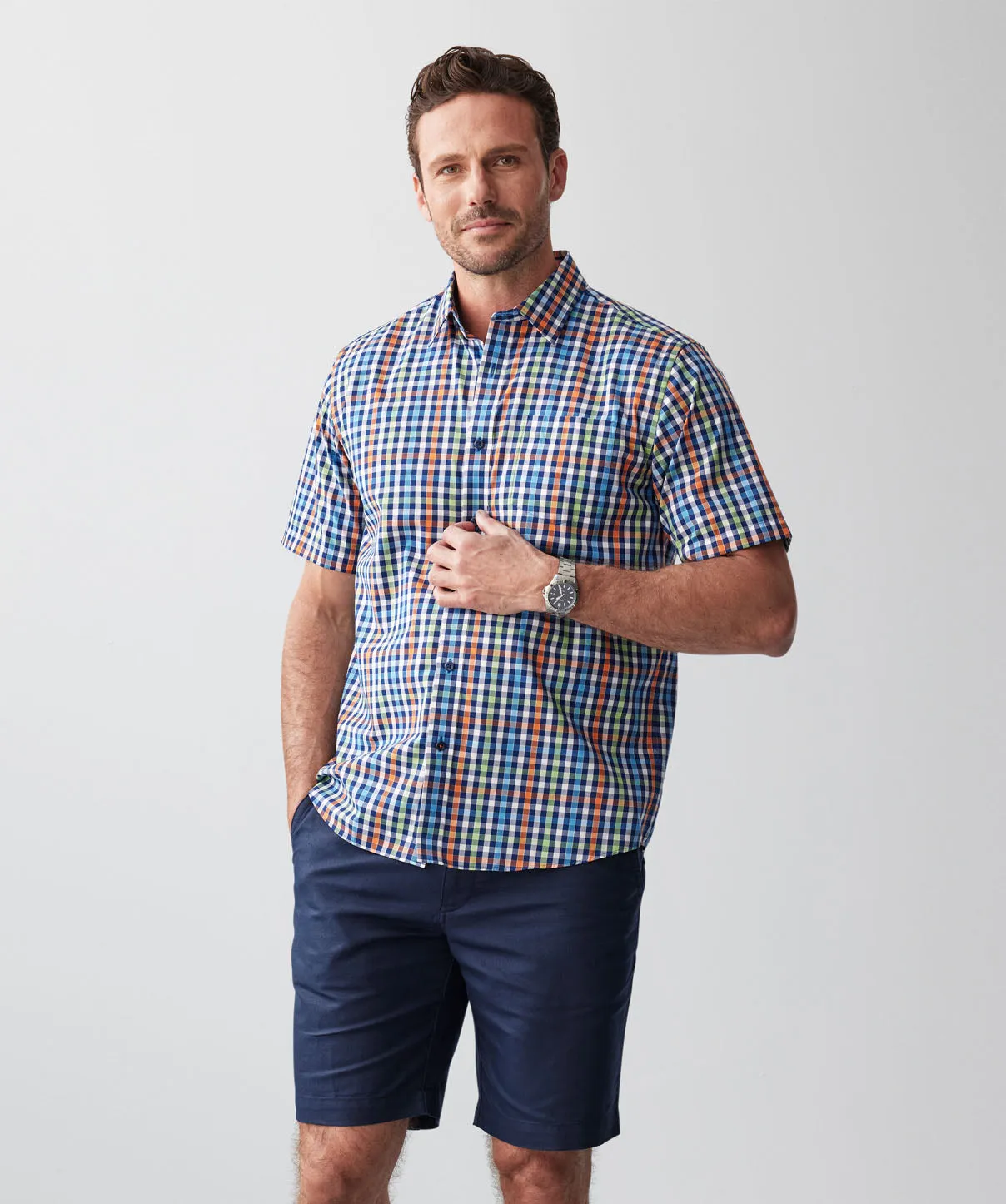 Easy Care Multi Check Short Sleeve Shirt - Navy sold by GAZMAN