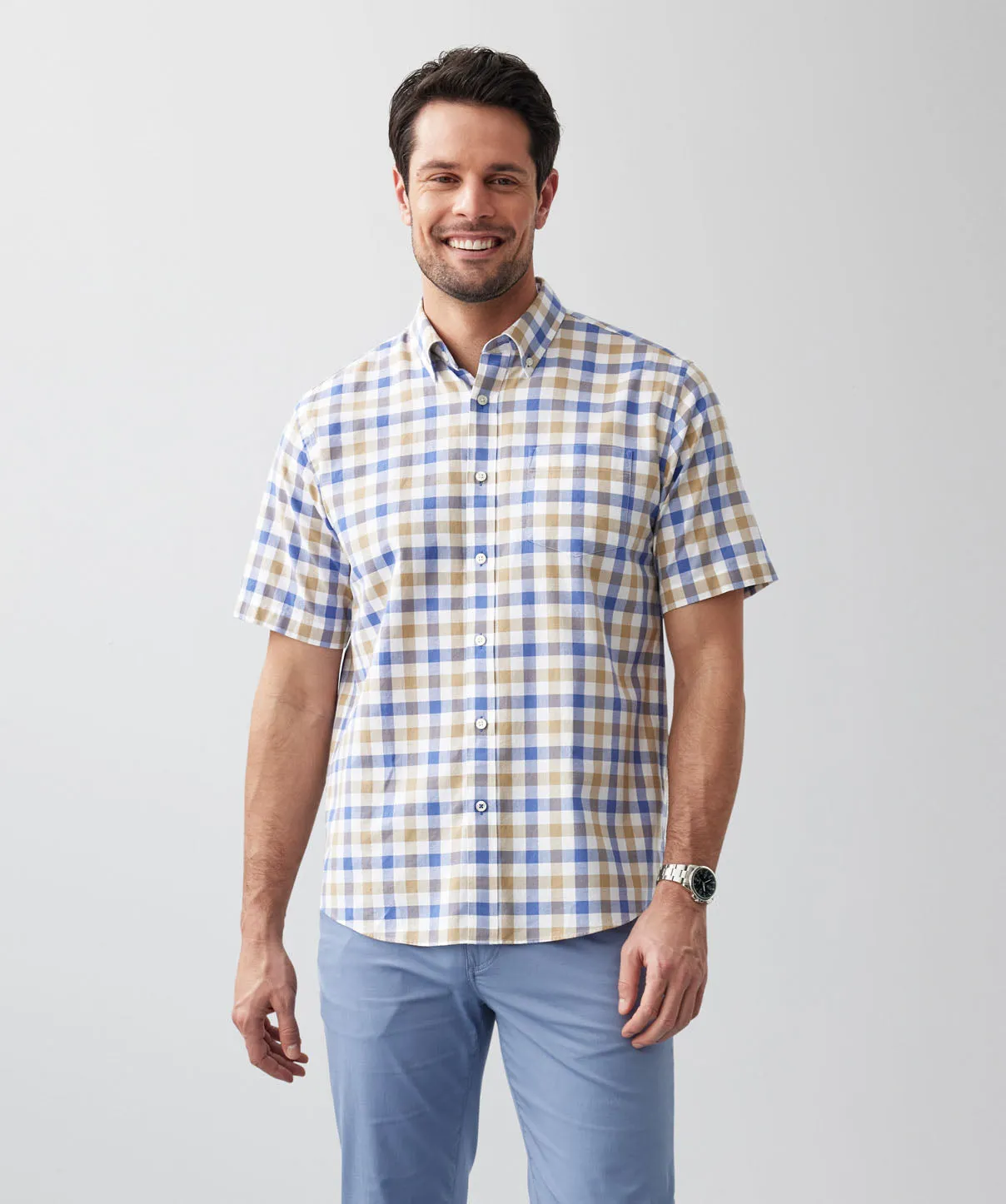 Casual Oxford Check Short Sleeve Shirt - Natural sold by GAZMAN