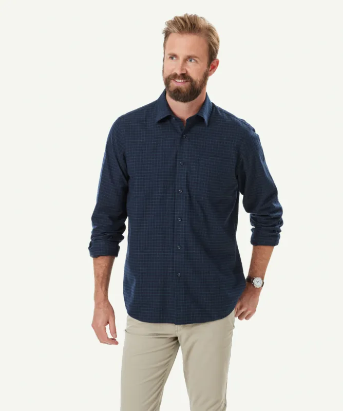 Brushed Twill Grid Check Long Sleeve Shirt - Midnight sold by GAZMAN