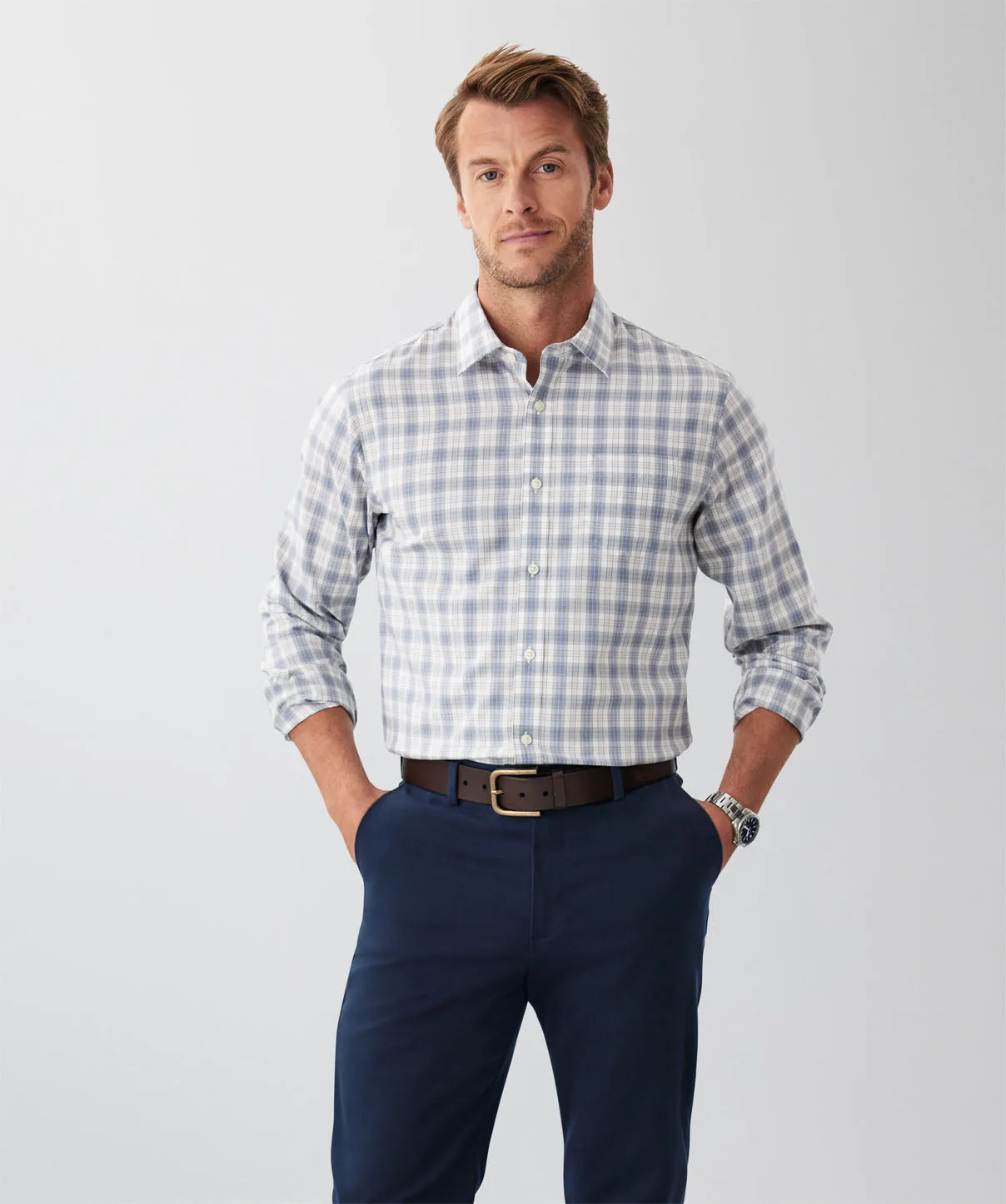 Tailored Easy Care Twill Check Long Sleeve Shirt - Grey sold by GAZMAN