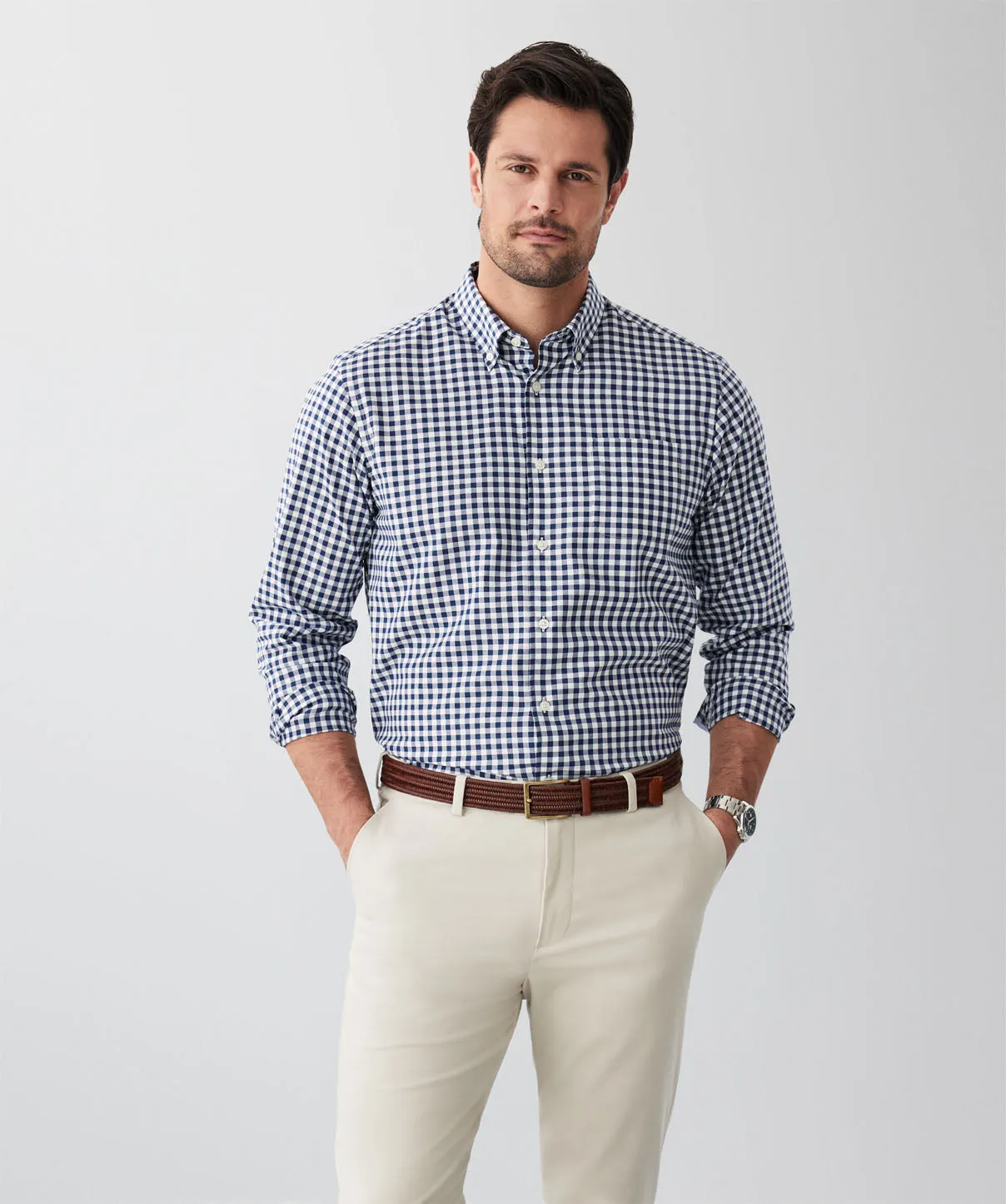 Easy Care Herringbone Check Long Sleeve Shirt - Navy sold by GAZMAN