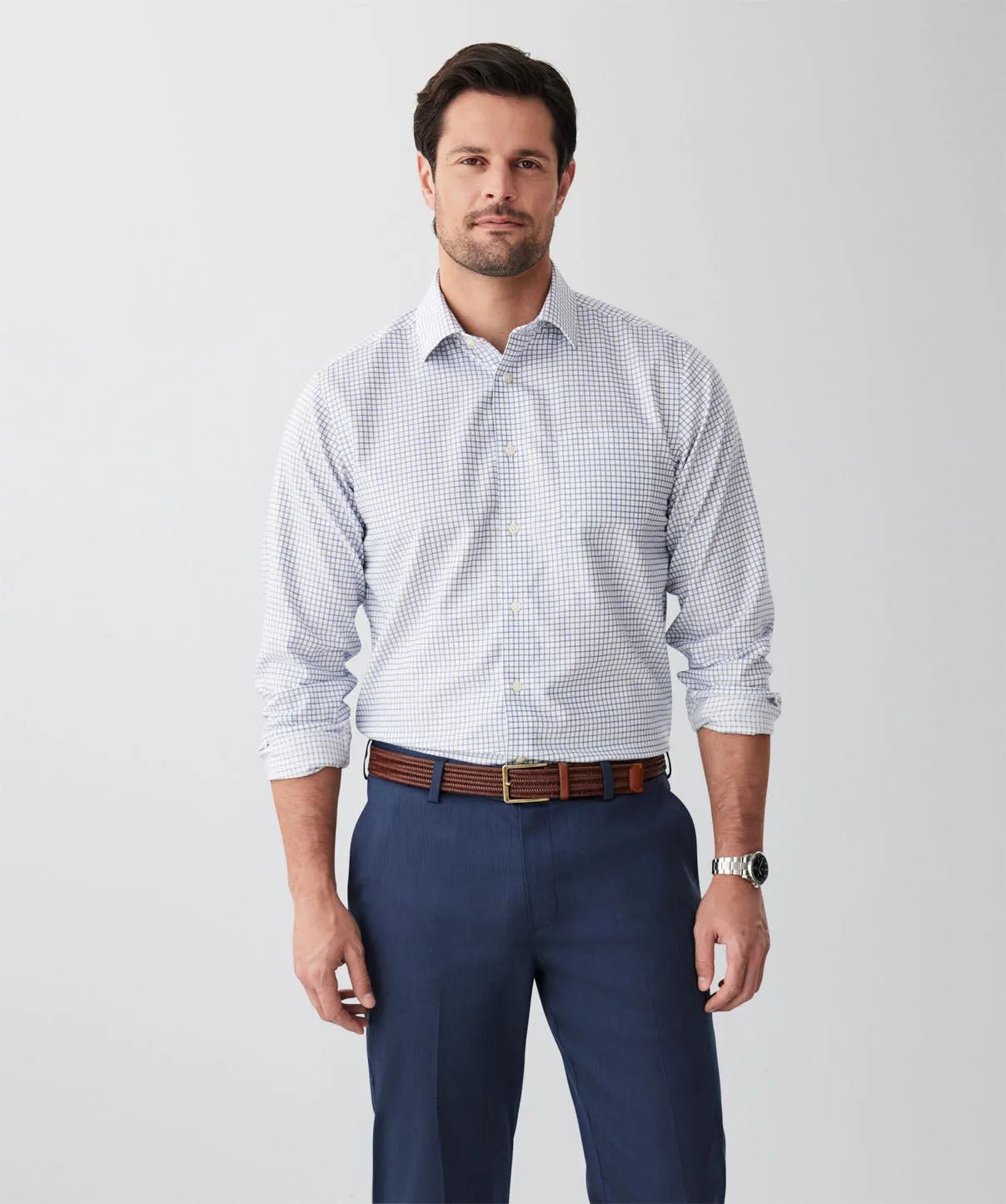 Non-Iron Dobby Mini Check Long Sleeve Shirt - Navy sold by GAZMAN