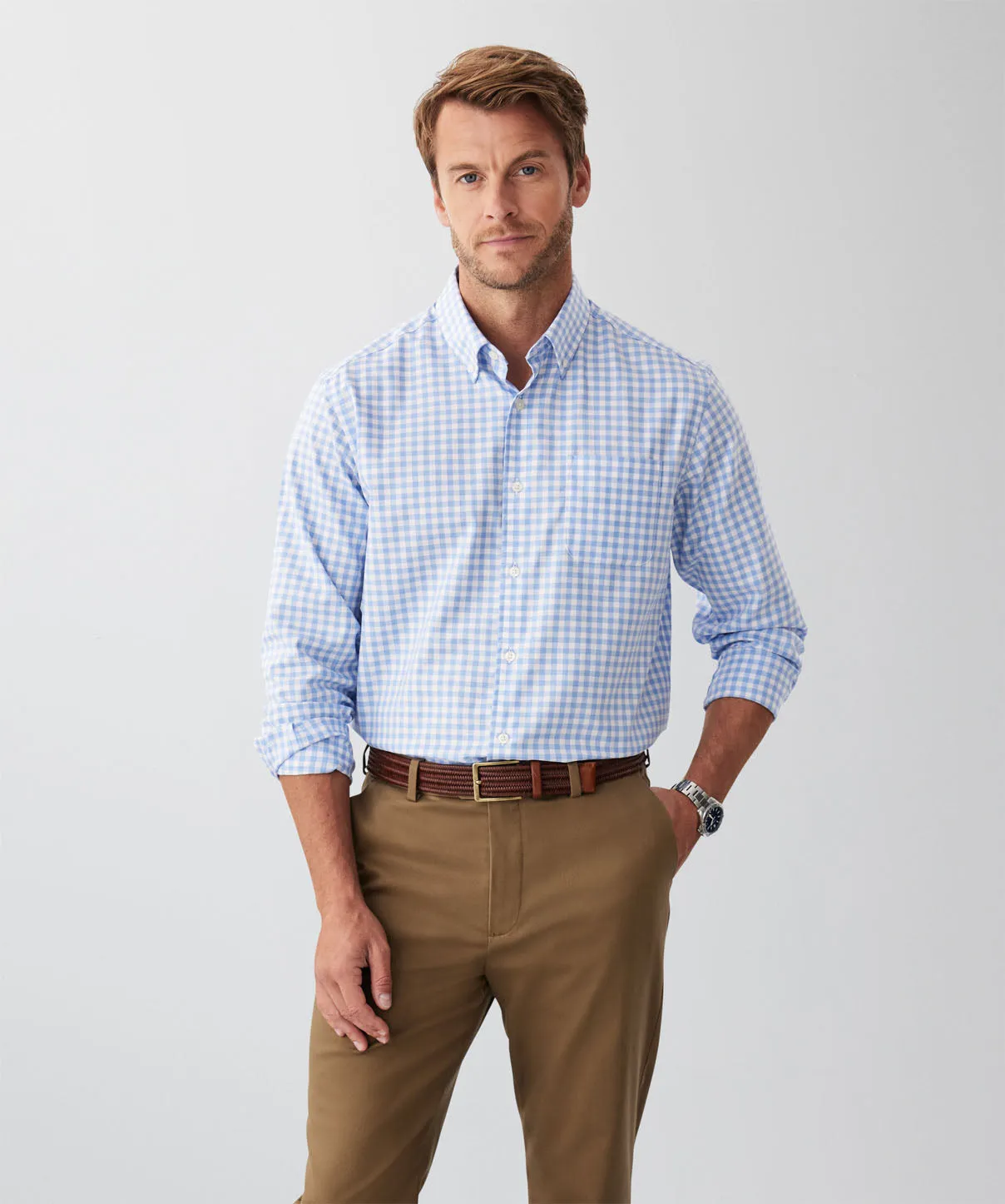 Easy Care Herringbone Check Long Sleeve Shirt - Sky Blue sold by GAZMAN