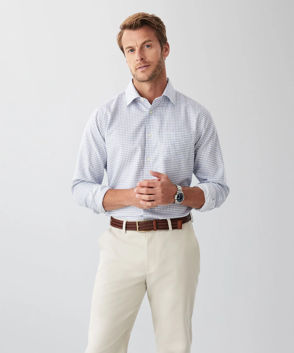 Tailored Non-Iron Dobby Mini Check Long Sleeve Shirt - Navy sold by GAZMAN