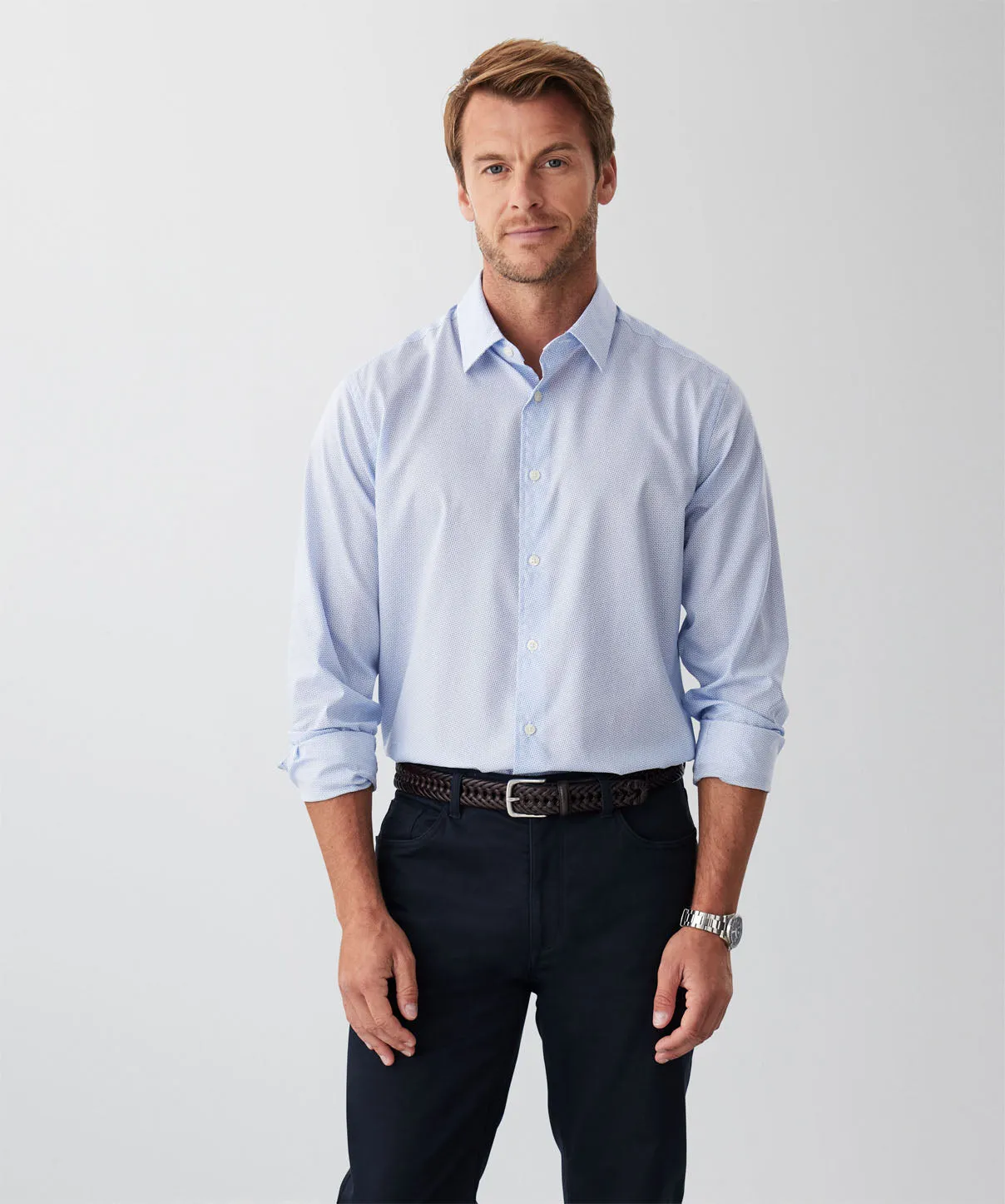 Easy Care Poplin Print Long Sleeve Shirt - Sky Blue sold by GAZMAN