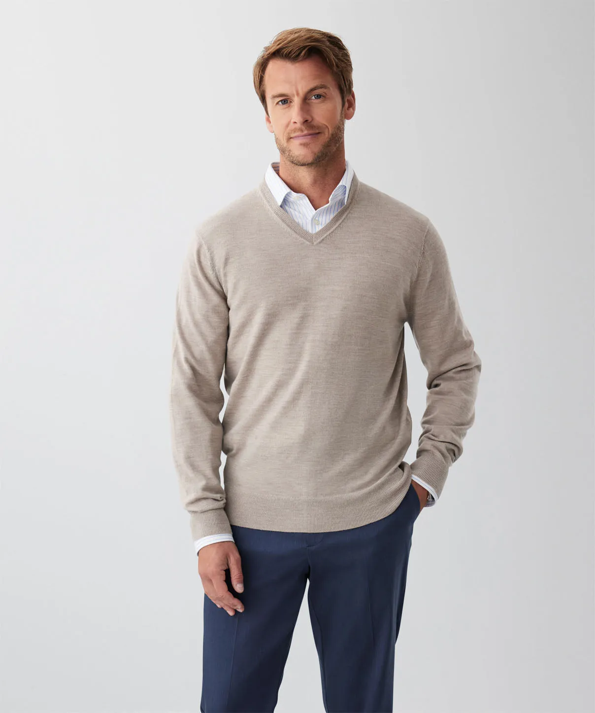 Merino V-Neck Knit - Taupe sold by GAZMAN