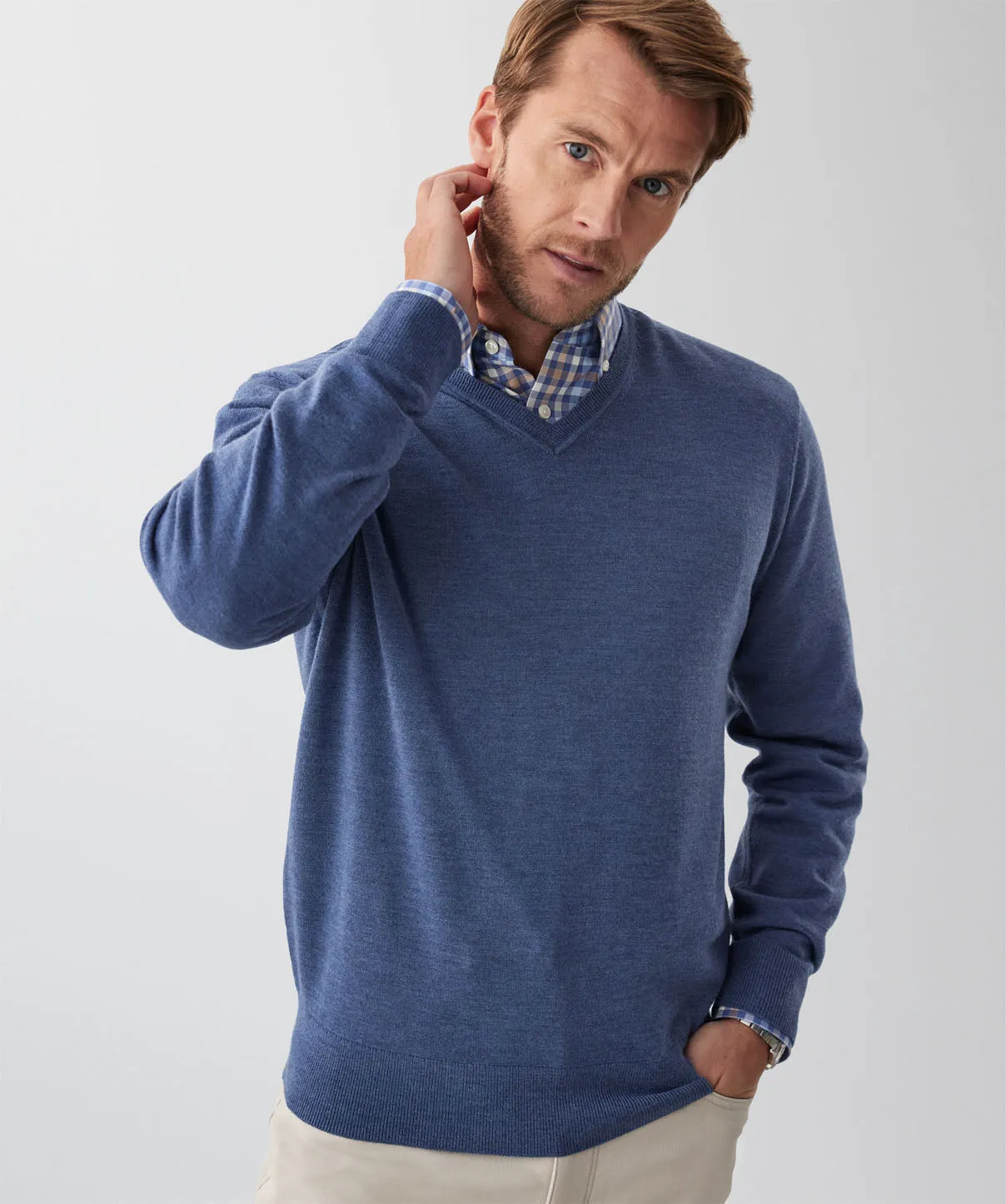 Merino V-Neck Knit - Denim sold by GAZMAN product image thumbnail 3
