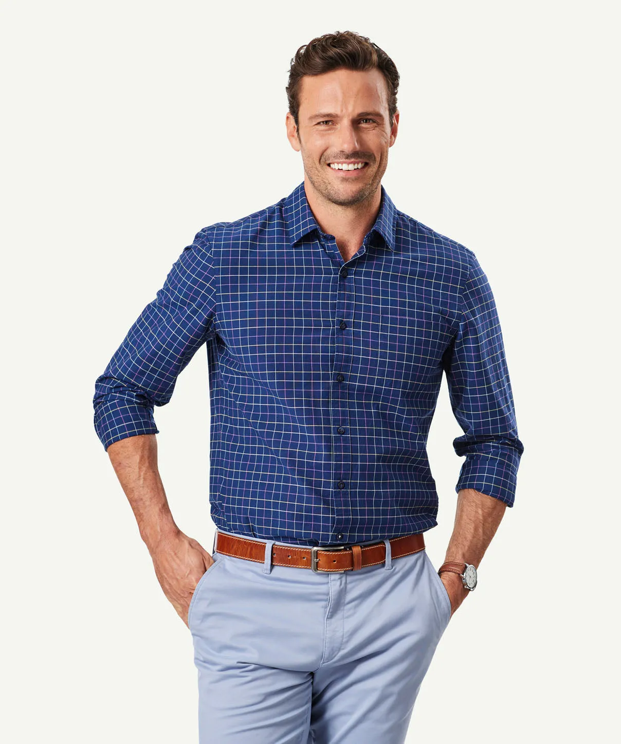 Tailored Oxford Check Long Sleeve Shirt - Navy sold by GAZMAN