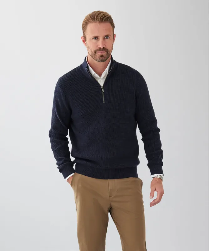 Cotton Waffle Half Zip Knit - Navy sold by GAZMAN