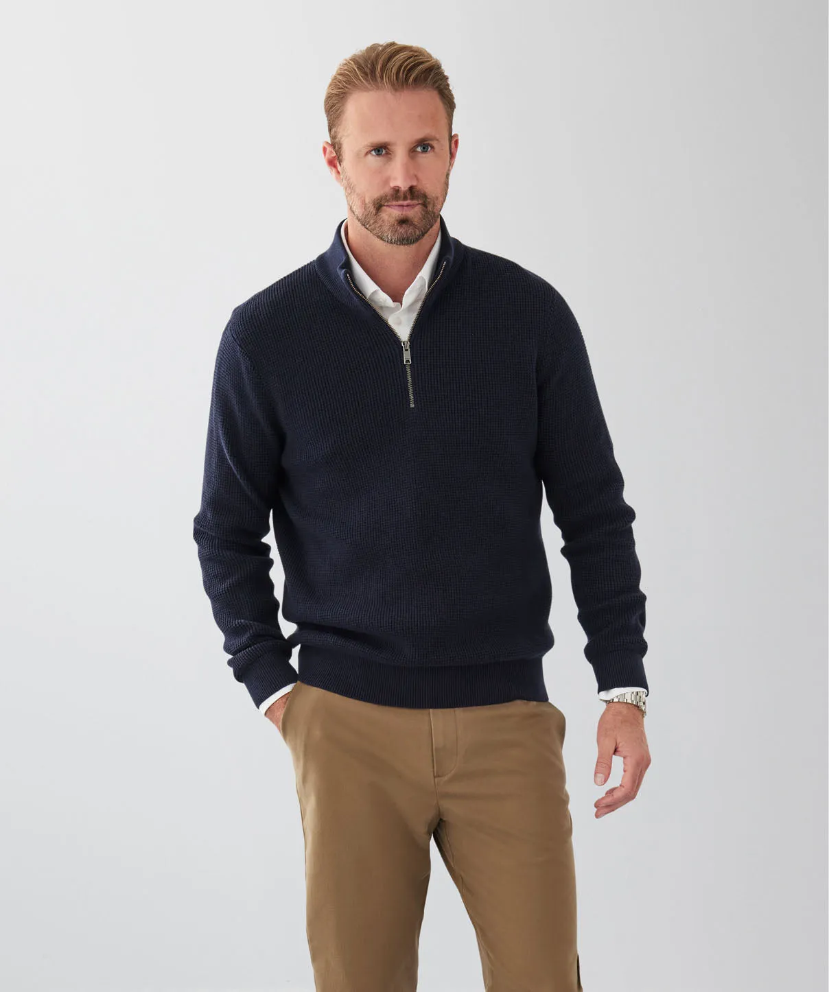 Cotton Waffle Half Zip Knit - Navy sold by GAZMAN