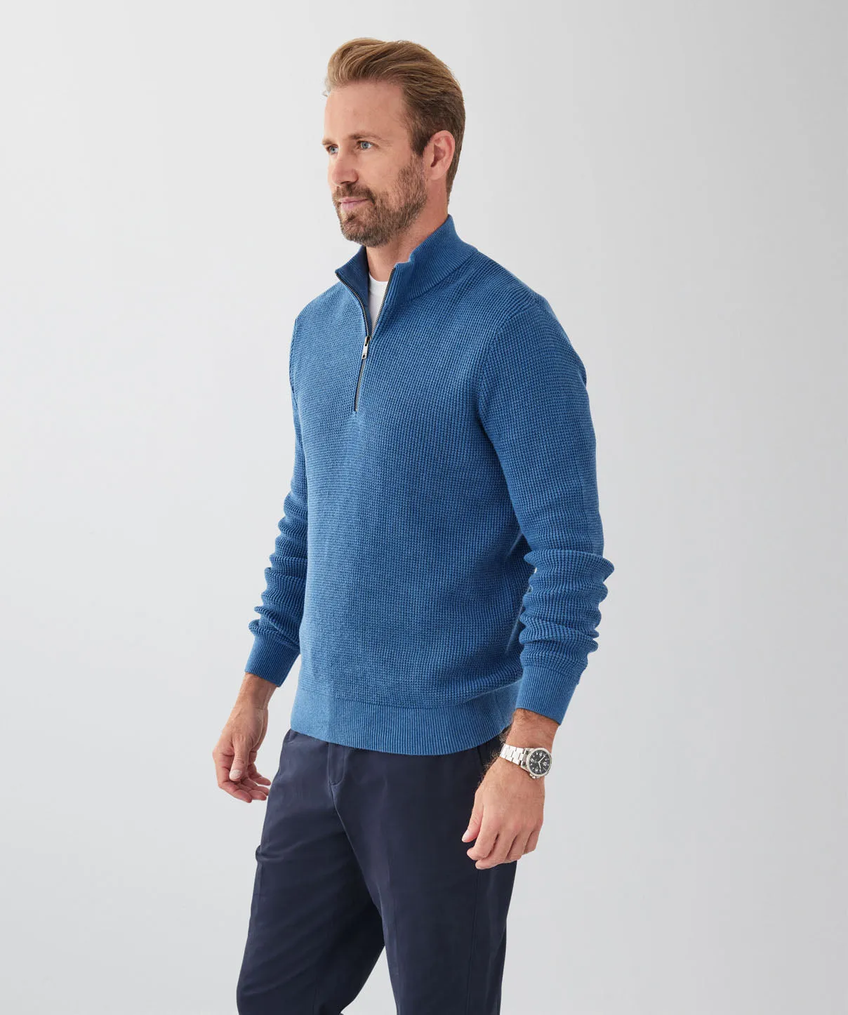 Cotton Waffle Half Zip Knit - Blue sold by GAZMAN product image thumbnail 5