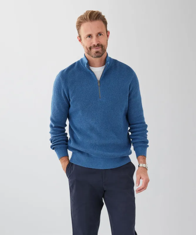 Cotton Waffle Half Zip Knit - Blue sold by GAZMAN