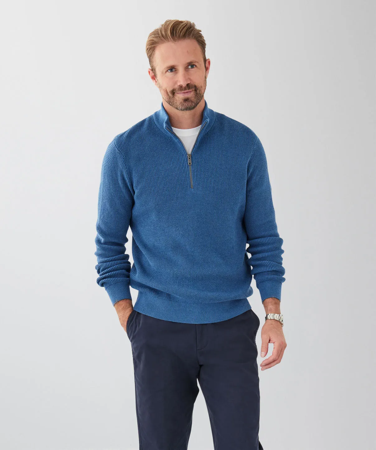 Cotton Waffle Half Zip Knit - Blue sold by GAZMAN