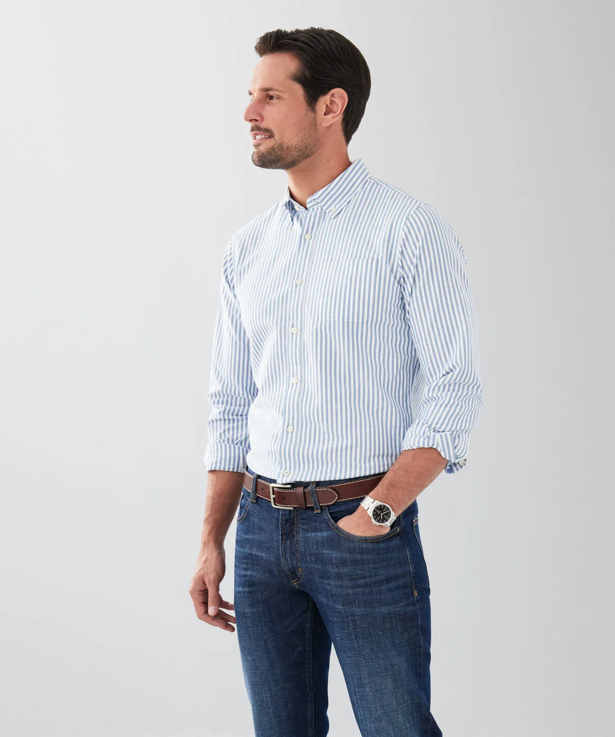 Tailored Fit Casual Oxford Stripe Long Sleeve Shirt - Navy sold by GAZMAN product image thumbnail 5