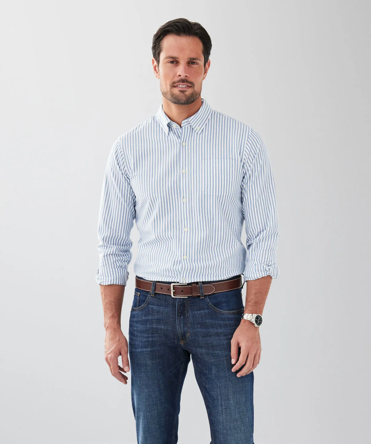 Tailored Fit Casual Oxford Stripe Long Sleeve Shirt - Navy sold by GAZMAN