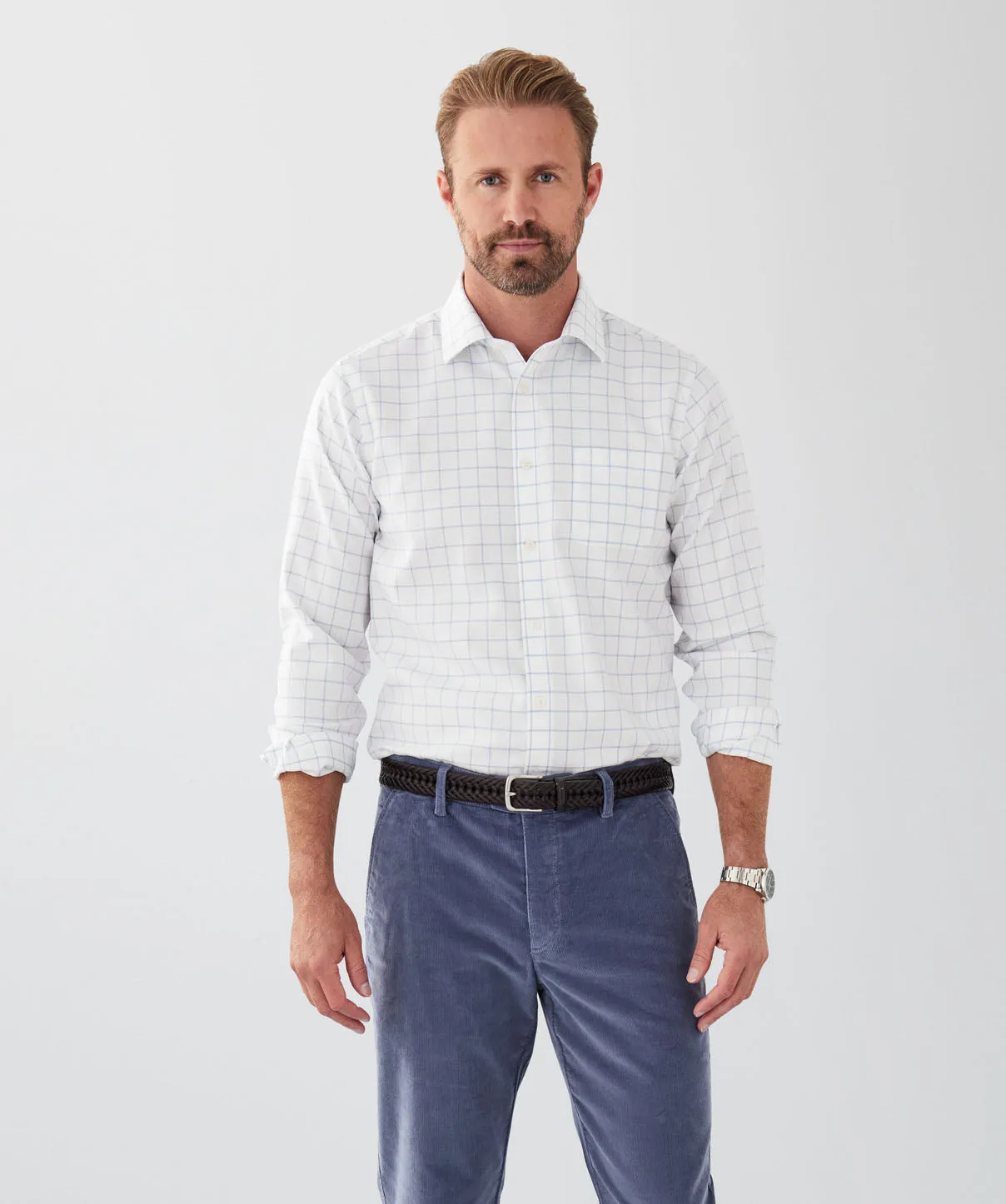 Tailored Fit Non-Iron Dobby Check Long Sleeve Shirt - Blue sold by GAZMAN