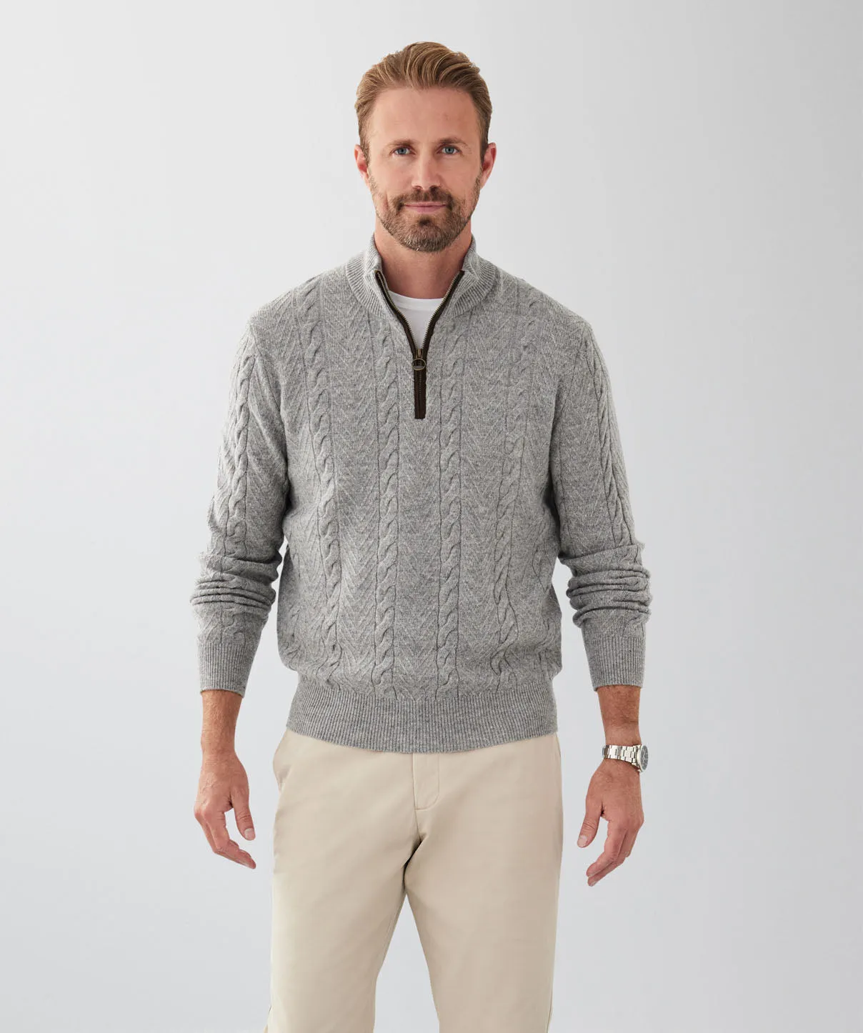 Wool Blend Cable Half Zip Knit - Grey Marle sold by GAZMAN