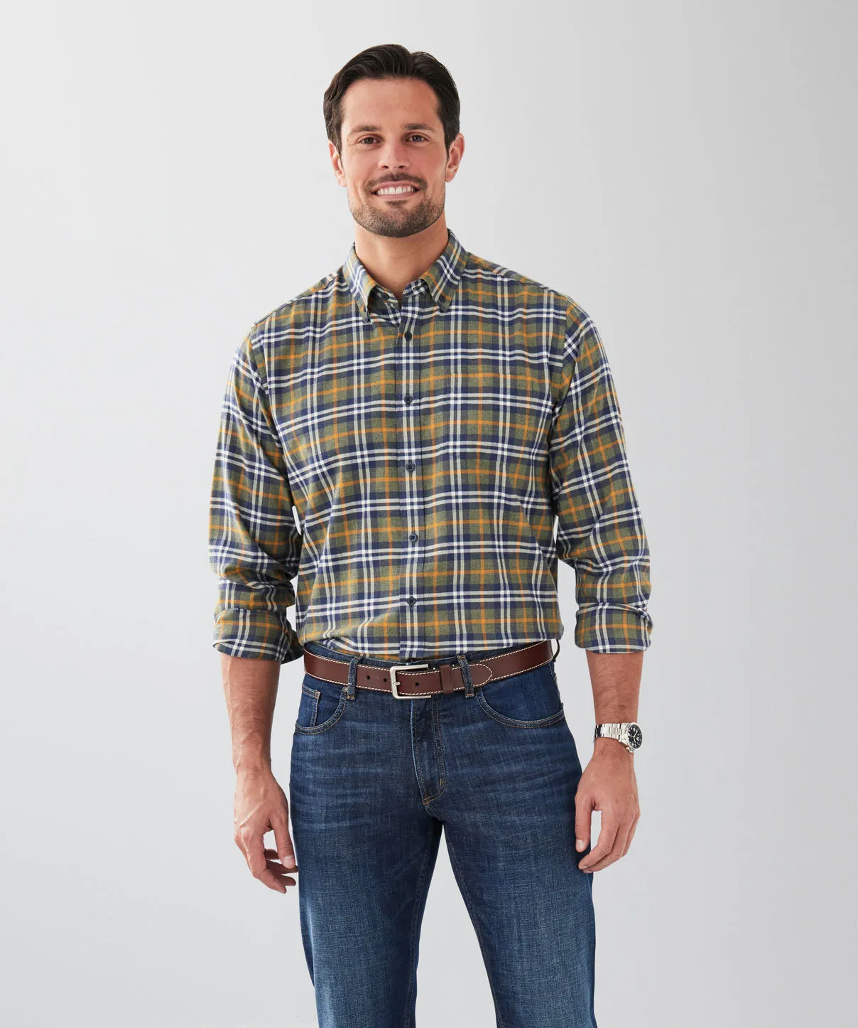 Brushed Herringbone Check Long Sleeve Shirt - Khaki sold by GAZMAN