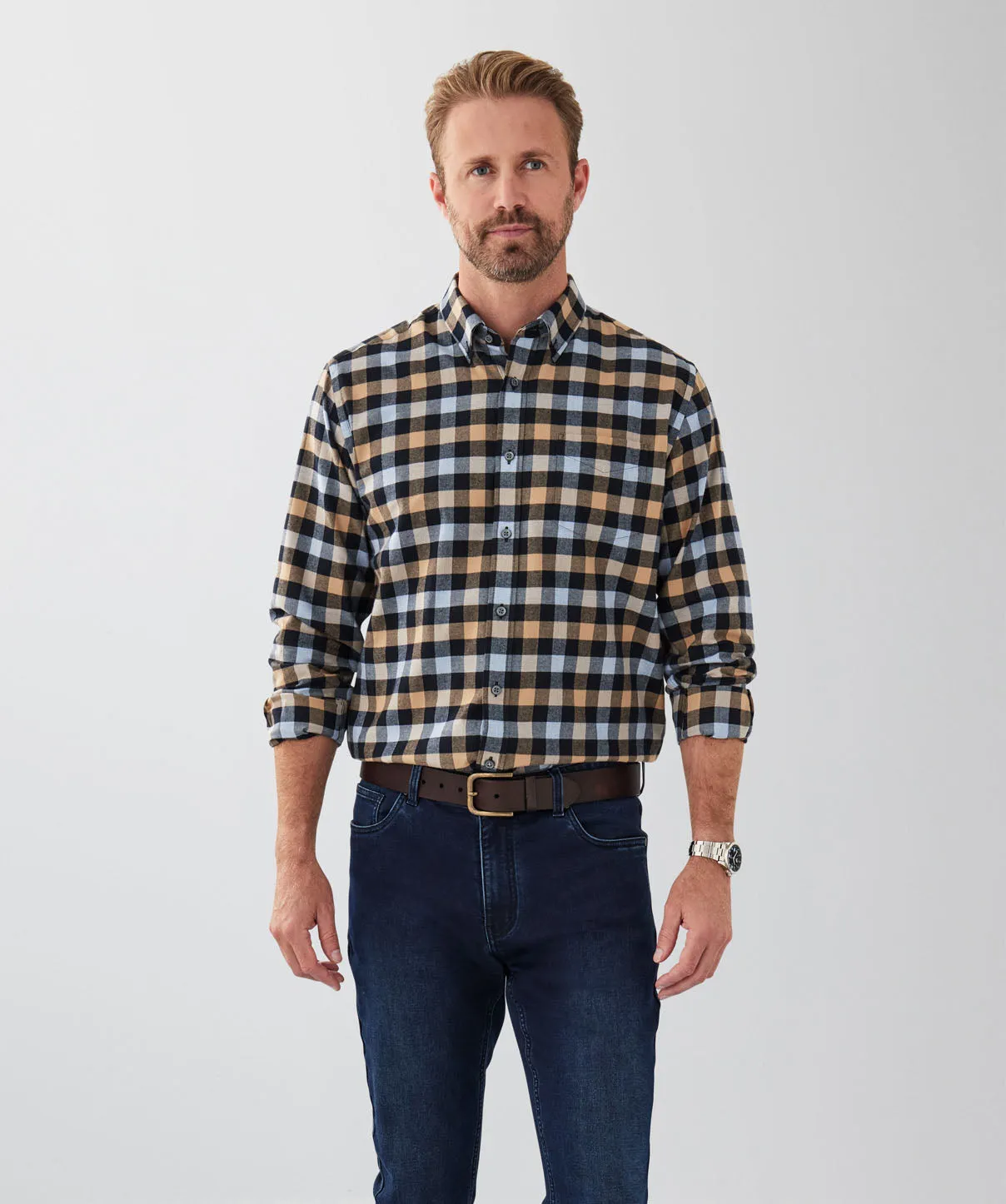 Brushed Box Twill Check Long Sleeve Shirt - Black sold by GAZMAN