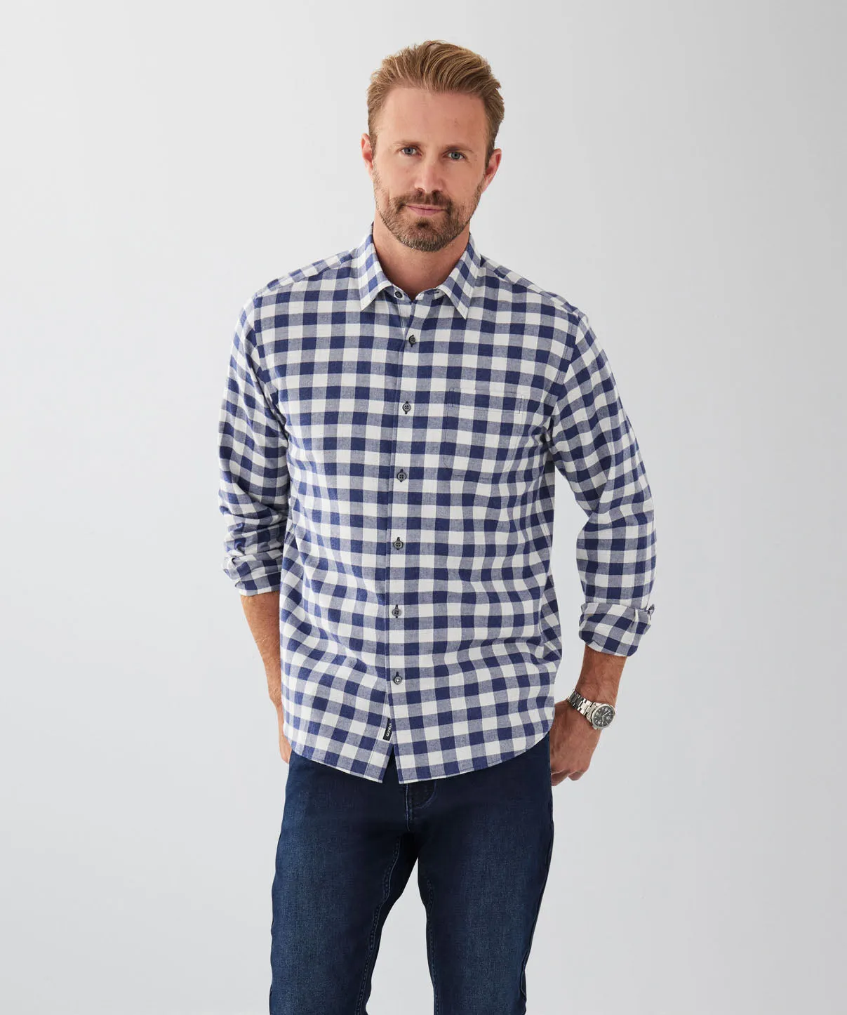 Brushed Box Check Long Sleeve Shirt - Denim sold by GAZMAN