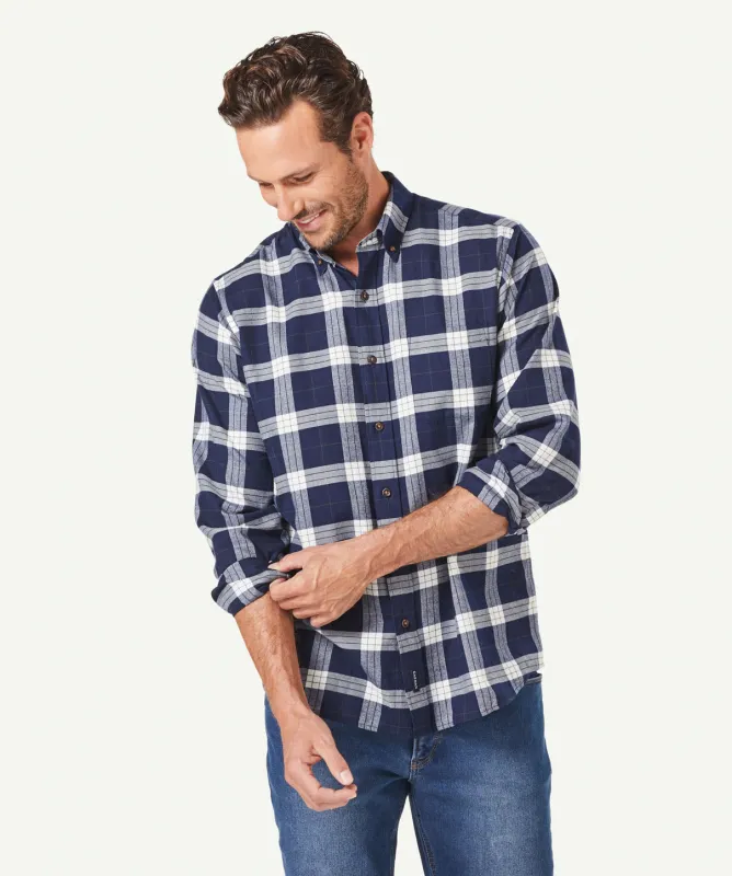 Brushed Twill Check Long Sleeve Shirt - Navy sold by GAZMAN