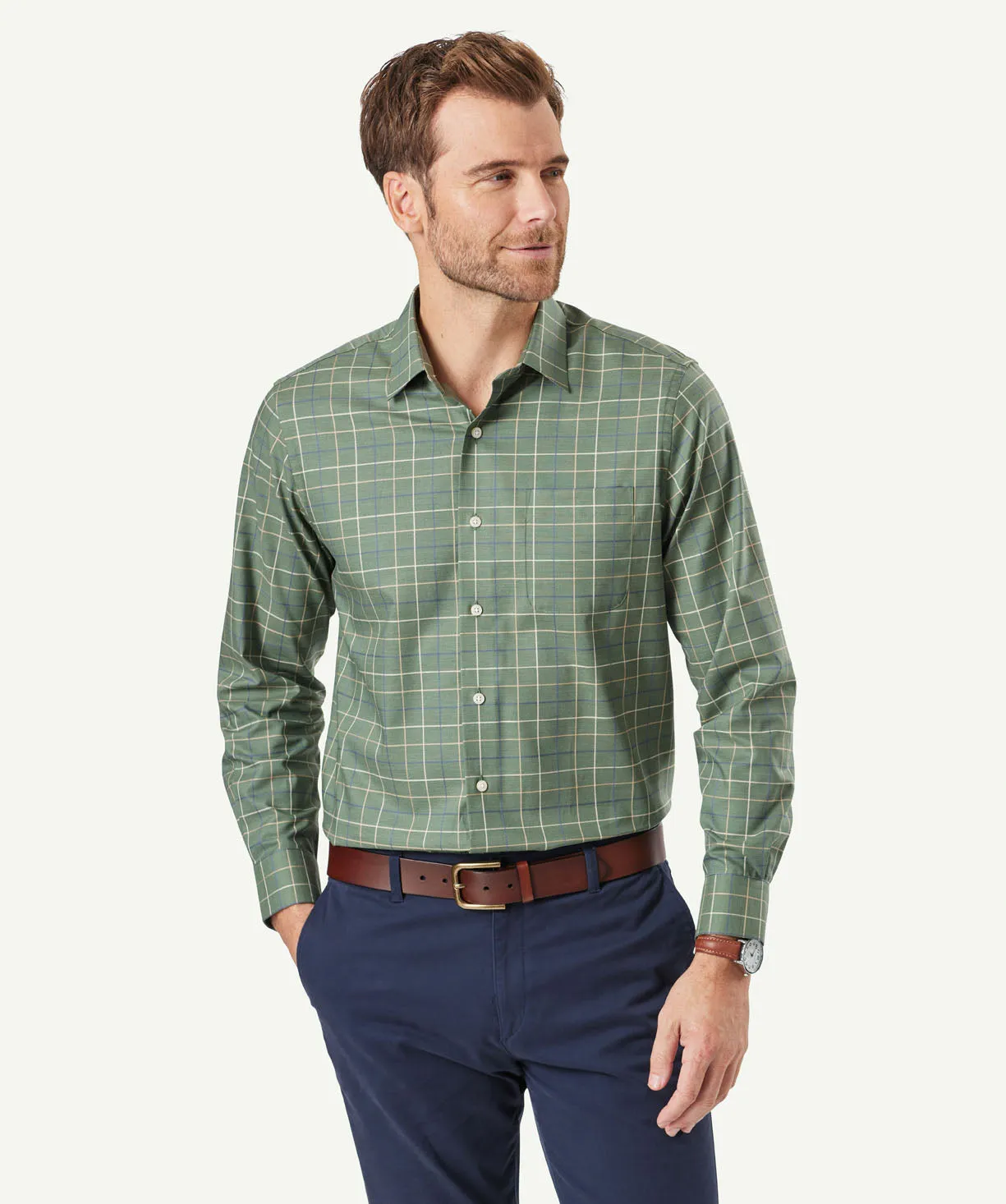 Easy Care Twill Check Long Sleeve Shirt - Olive sold by GAZMAN