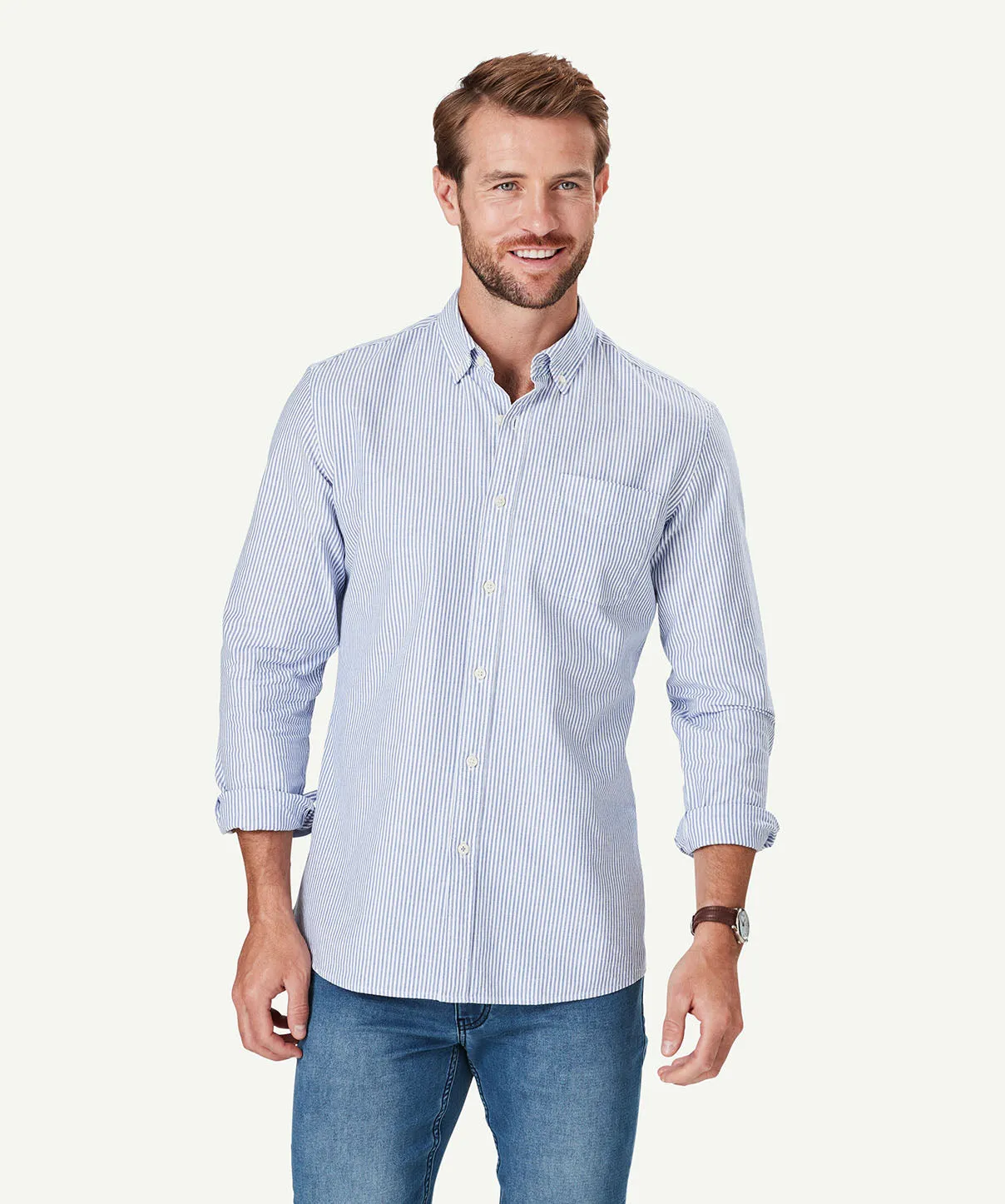 Tailored Oxford Stripe Long Sleeve Shirt - Blue sold by GAZMAN