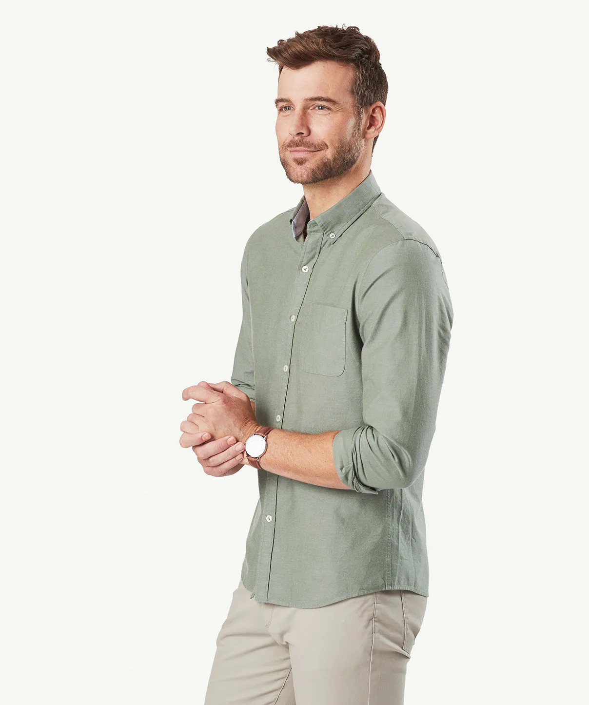 Tailored Casual Oxford Long Sleeve Shirt - Light Olive sold by GAZMAN product image thumbnail 5