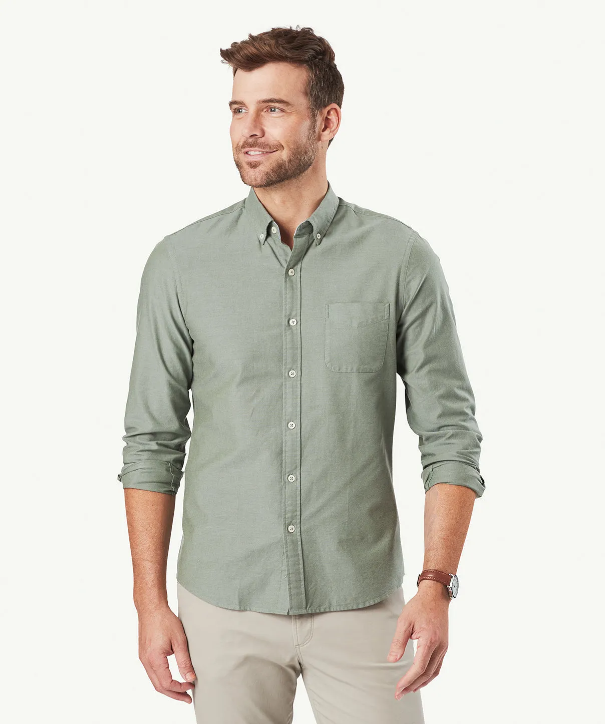 Tailored Casual Oxford Long Sleeve Shirt - Light Olive sold by GAZMAN