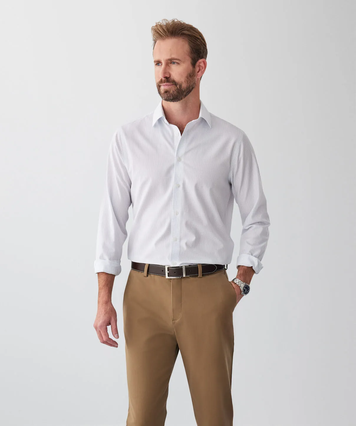 Tailored Fit Non-Iron Poplin Grid Check Long Sleeve Shirt - White sold by GAZMAN