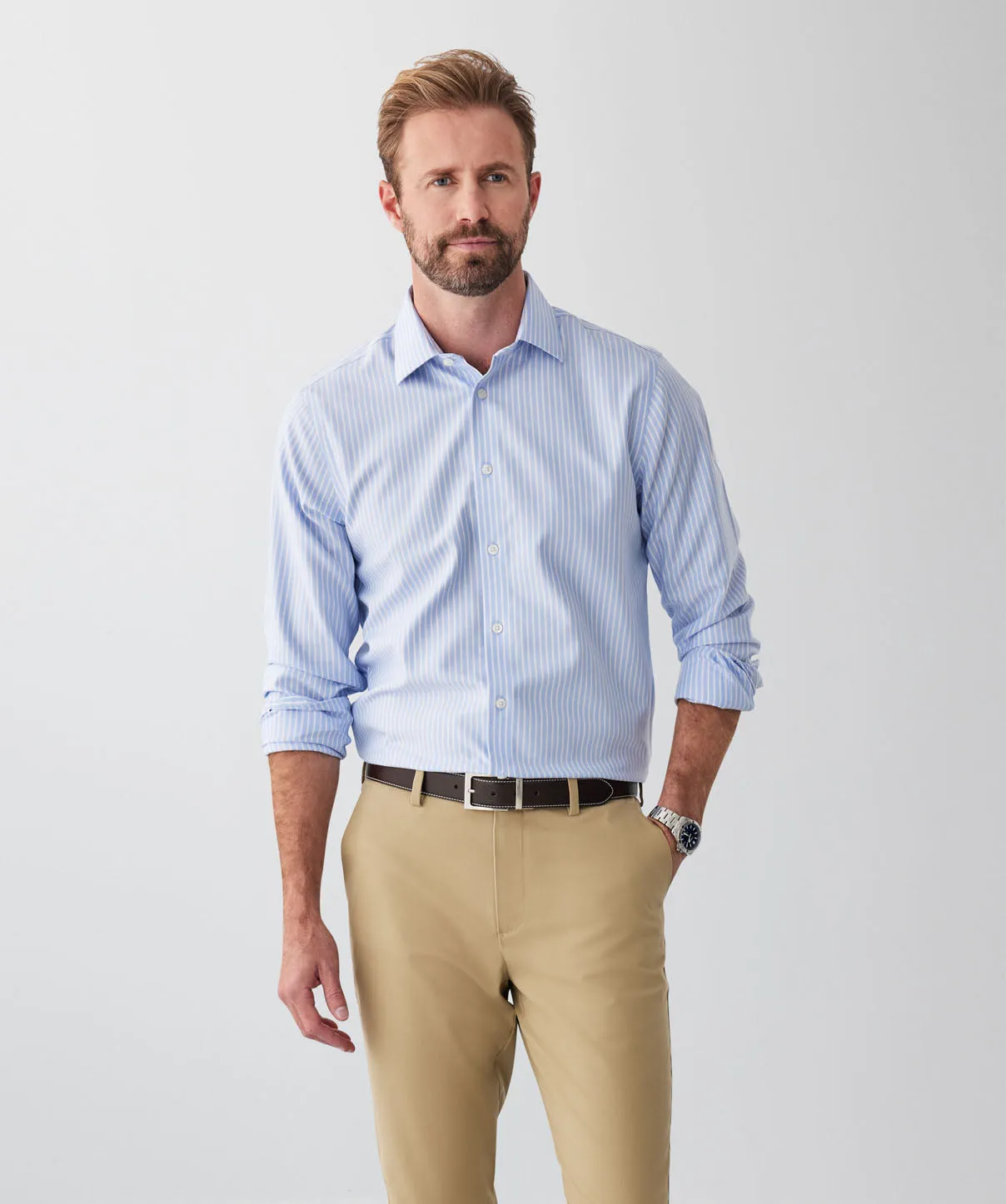 Tailored Fit Non-Iron Dobby Stripe Long Sleeve Shirt - Blue sold by GAZMAN