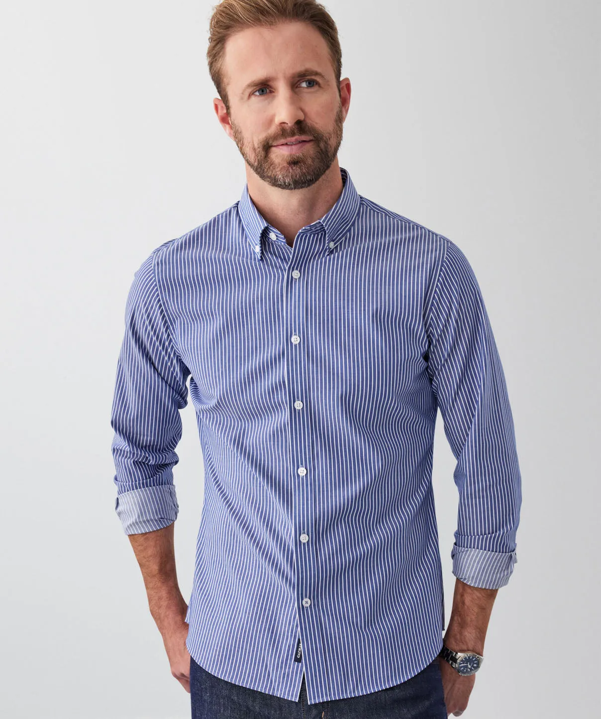Tailored Fit Easy Care Twill Stripe Long Sleeve Shirt - Indigo sold by GAZMAN product image thumbnail 3
