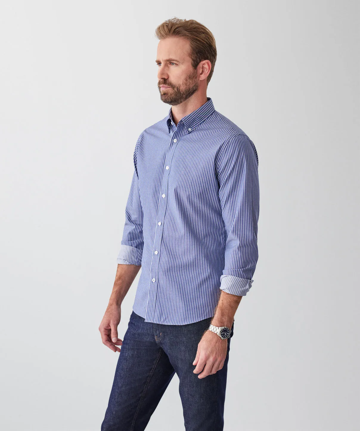 Tailored Fit Easy Care Twill Stripe Long Sleeve Shirt - Indigo sold by GAZMAN product image thumbnail 5
