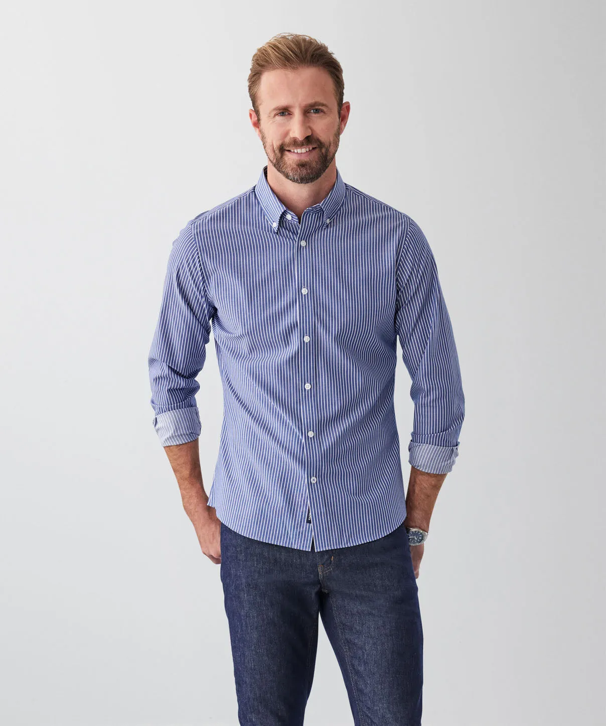 Tailored Fit Easy Care Twill Stripe Long Sleeve Shirt - Indigo sold by GAZMAN