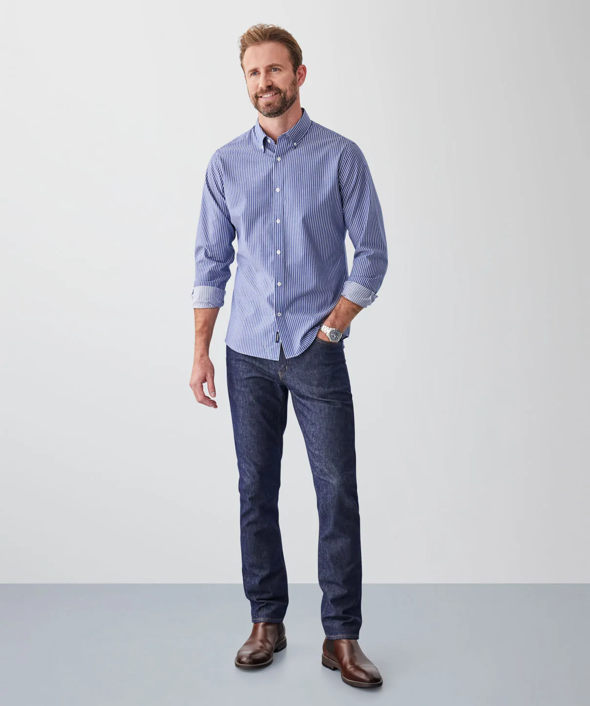 Tailored Fit Easy Care Twill Stripe Long Sleeve Shirt - Indigo sold by GAZMAN product image thumbnail 4