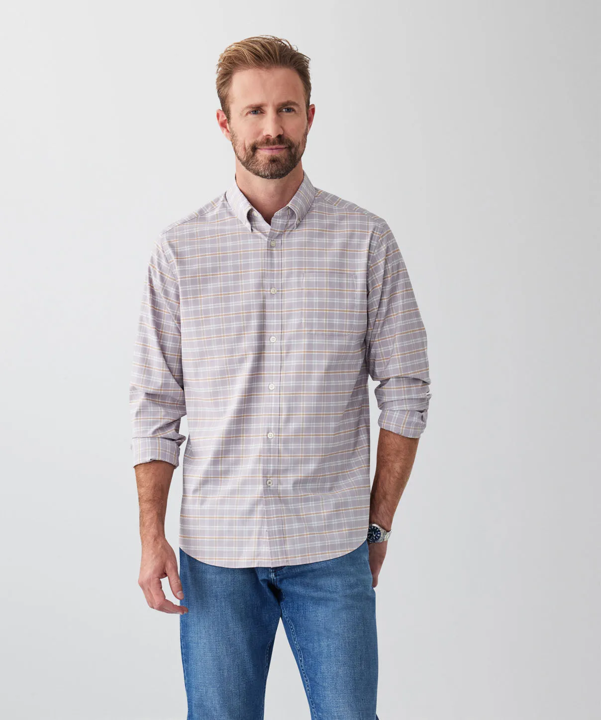 GAZFLEX Performance Twill Multi Check Long Sleeve Shirt - Grey sold by GAZMAN