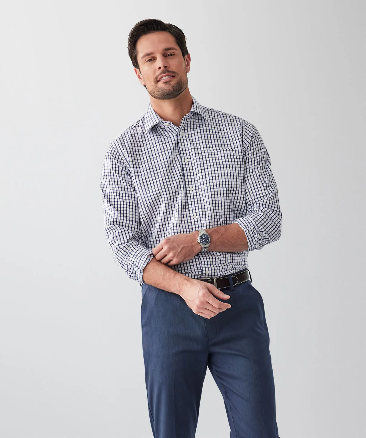 Non-Iron Twill Check Long Sleeve Shirt - White sold by GAZMAN