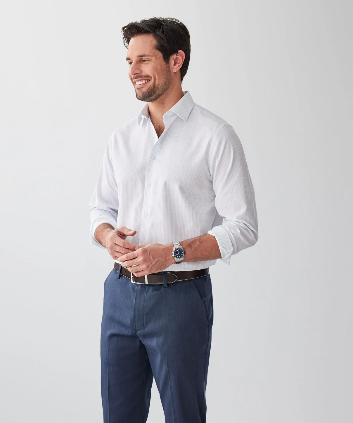 Non-Iron Poplin Grid Check Long Sleeve Shirt - White sold by GAZMAN product image thumbnail 5