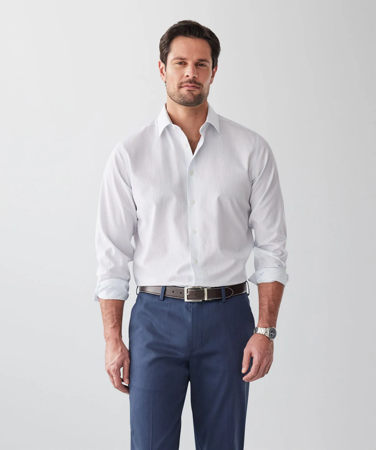 Non-Iron Poplin Grid Check Long Sleeve Shirt - White sold by GAZMAN