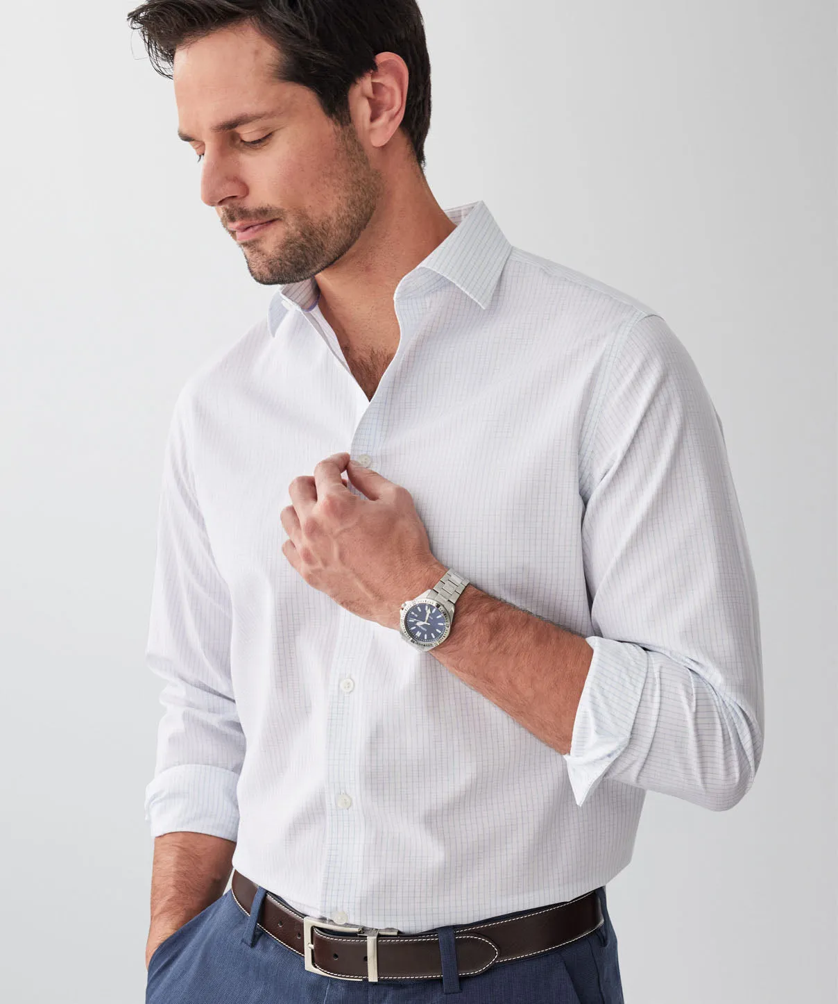 Non-Iron Poplin Grid Check Long Sleeve Shirt - White sold by GAZMAN product image thumbnail 3