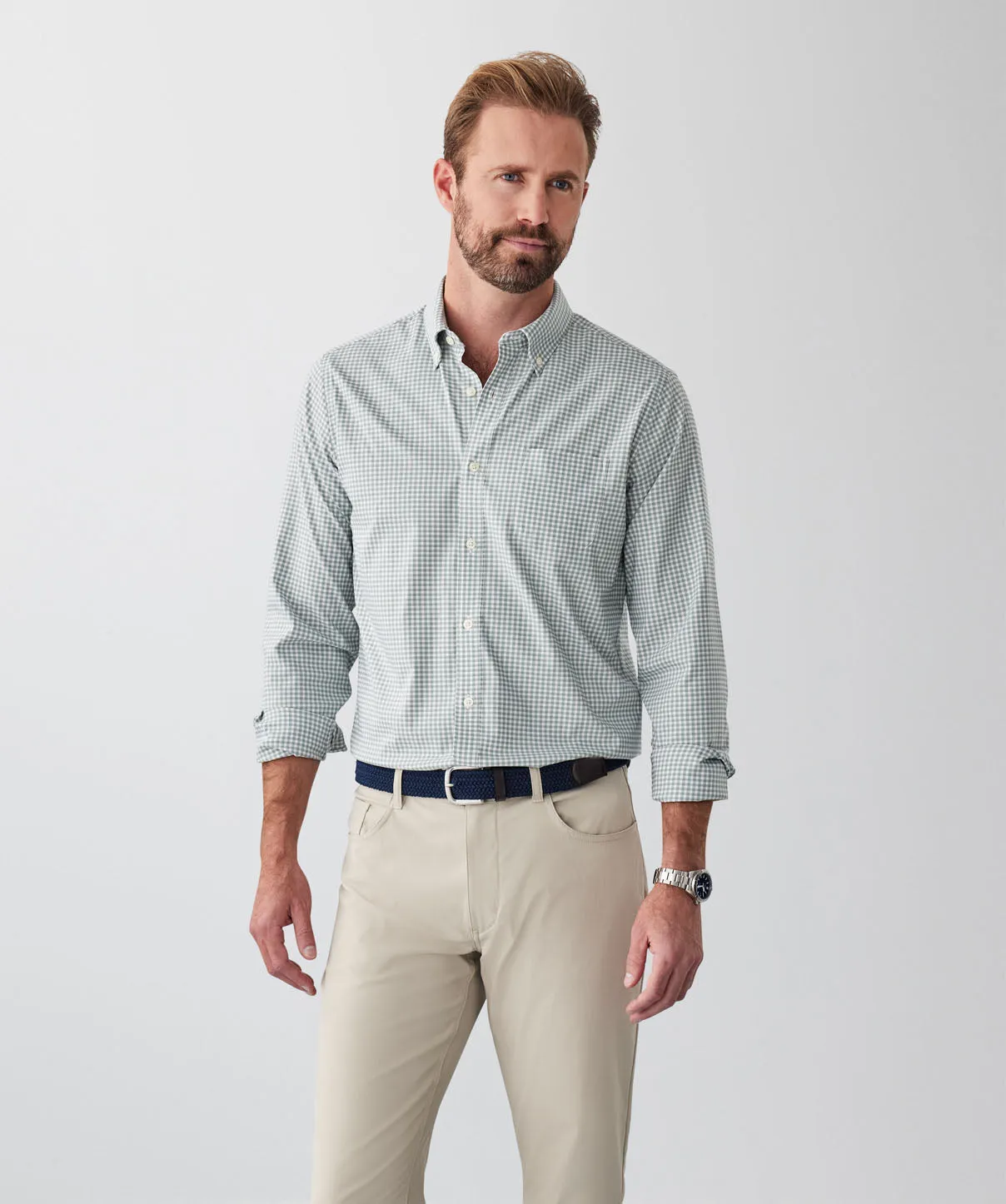 Tailored Fit GAZFLEX Performance Oxford Gingham Long Sleeve Shirt - Sage sold by GAZMAN