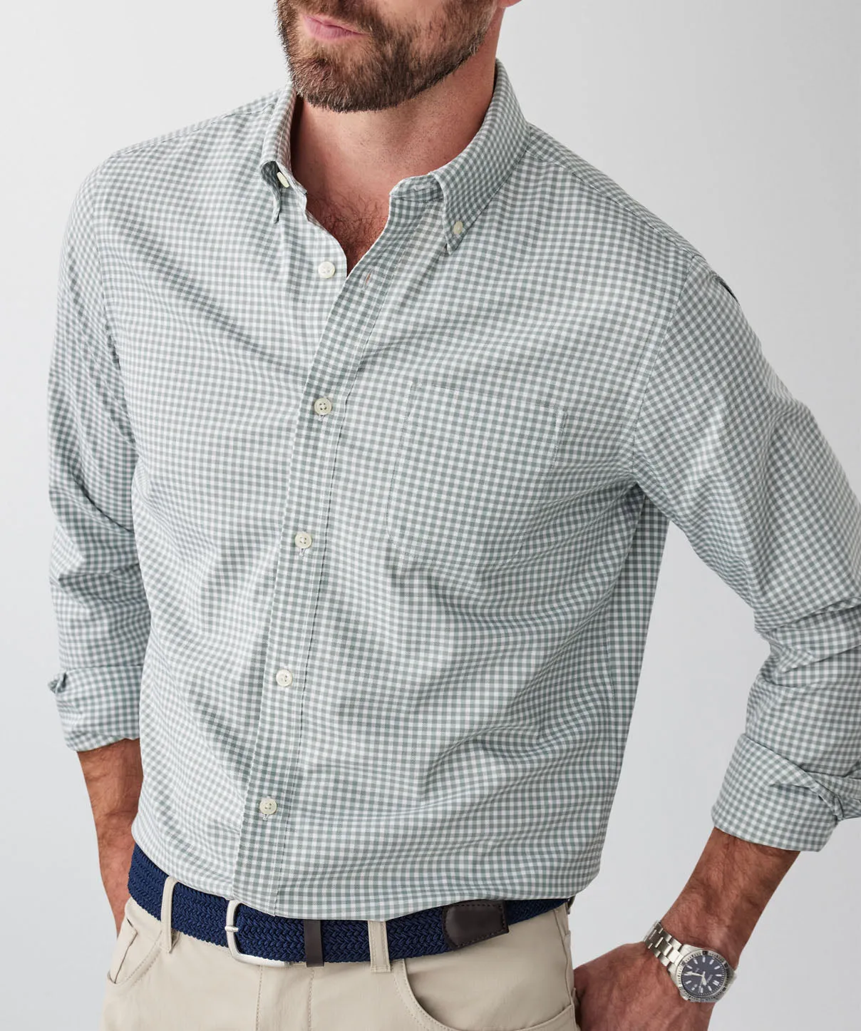 Tailored Fit GAZFLEX Performance Oxford Gingham Long Sleeve Shirt - Sage sold by GAZMAN product image thumbnail 3