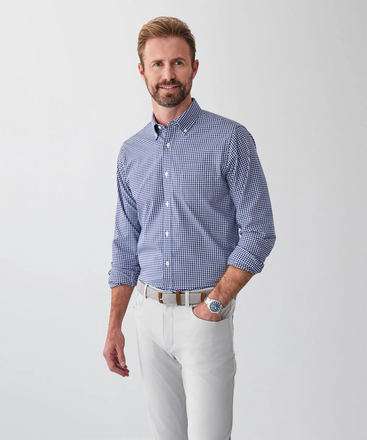 Tailored Fit GAZFLEX Performance Oxford Gingham Long Sleeve Shirt - Navy sold by GAZMAN product image thumbnail 5